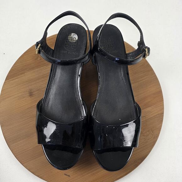 Tory Burch Sandals Womens Size 9 Black Patent Leather Wedge Platform Ankle Strap - Picture 5 of 16